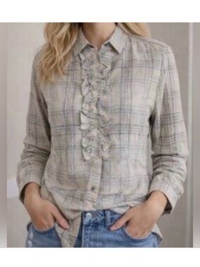 Tuckernuck Beige Plaid Ruffle Button-Down Shirt, size S and M